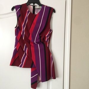 ZARA Red Maroon Purple Colorblock Stripe Asymmetrical Sleeveless Peplum Top